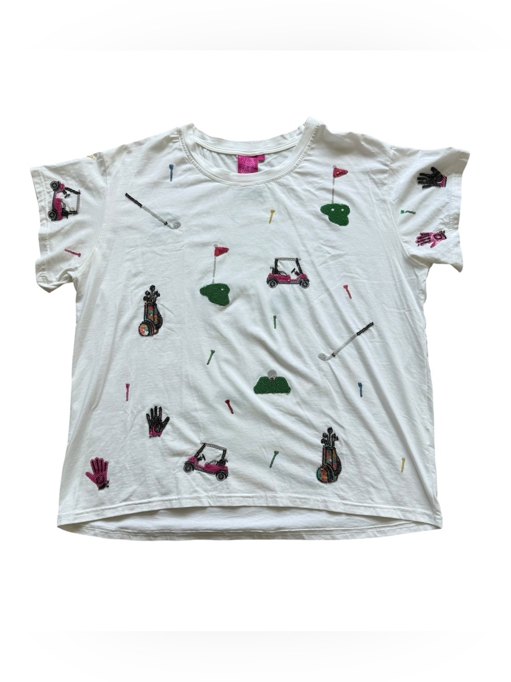 Queen of Sparkles Scatter Golf Icon Sequin Tee White Pink Oversized Shirt Size L - Picture 3 of 13